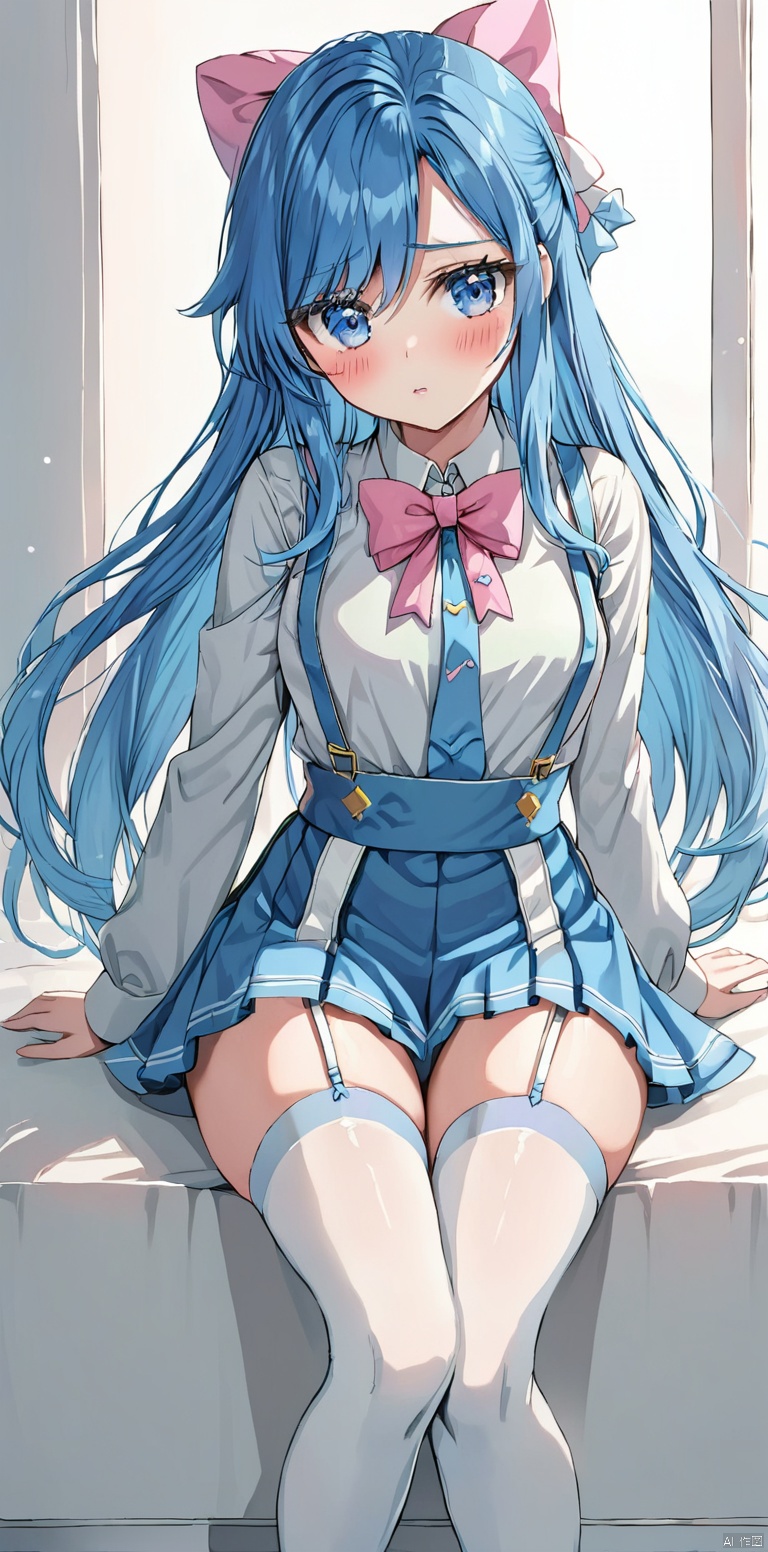 1girl, solo, long hair, looking at viewer, blush, blue eyes, thighhighs, bow, sitting, blue hair, hair bow, sweatdrop, white thighhighs, suspenders,pink bow
