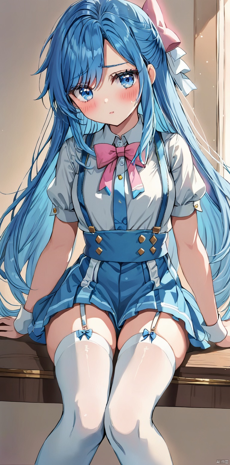 1girl, solo, long hair, looking at viewer, blush, blue eyes, thighhighs, bow, sitting, blue hair, hair bow, sweatdrop, white thighhighs, suspenders,pink bow