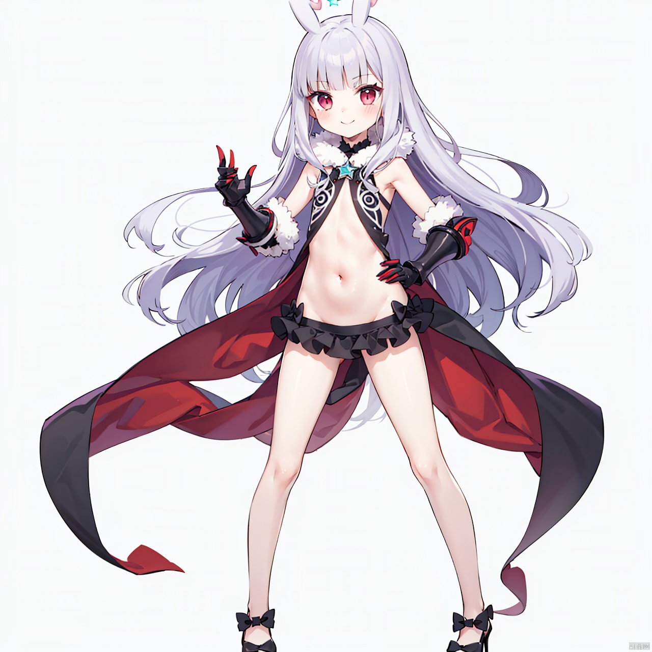  masterpiece, bestquality, Kate Hoshimiya, 1girl, solo, long hair, smile, bangs, skirt, simple background, red eyes, white background, navel, very long hair, grey hair, midriff, blunt bangs, star \(symbol\), high heels, fur trim, mask, antenna hair, gauntlets, lowleg, lowleg skirt, hoshimiya kate,