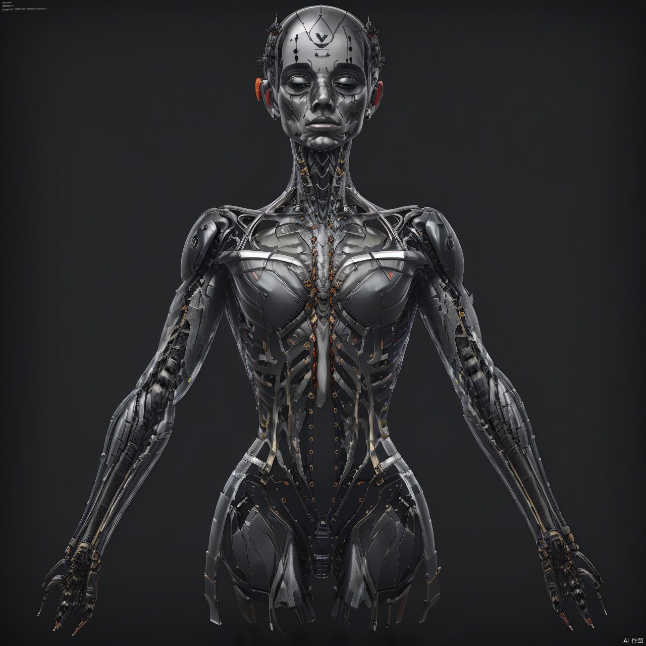  A robot, minimalist styling, industrial design, human-like, exoskeleton, transparent, grey background,, inhuman, robot, mecha, science fiction, realistic, non-human robots, 1girl 