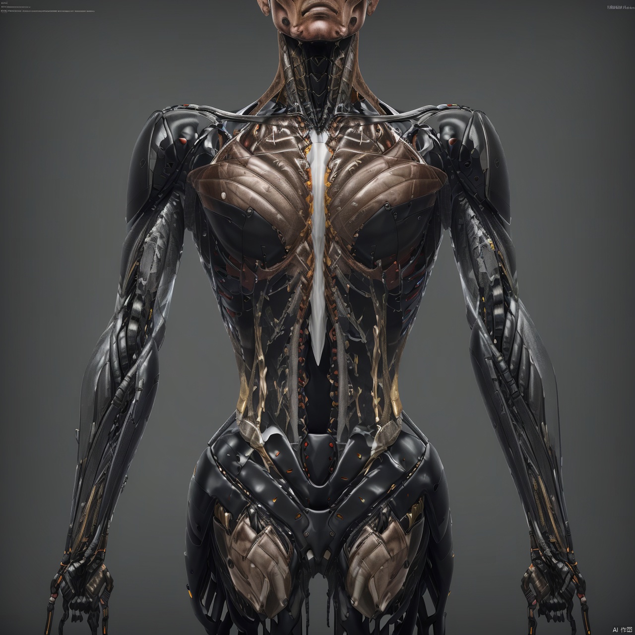A bionic robot, human-like, exoskeleton, transparent, grey background,, no human, robot, mecha, science fiction, realistic, non-human robot