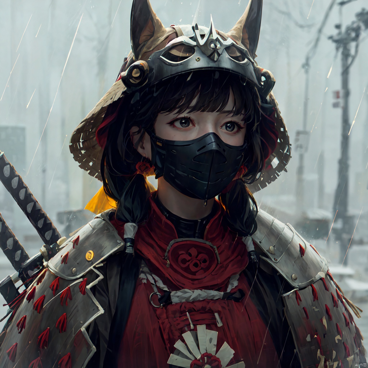  1girl, solo, long hair, 
bangs, black hair, twintails, upper body, outdoors, armor, grey eyes, mask, helmet, shoulder armor, rain, japanese armor, sode, samurai,