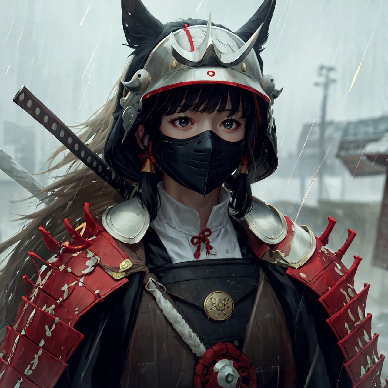  1girl, solo, long hair, 
bangs, black hair, twintails, upper body, outdoors, armor, grey eyes, mask, helmet, shoulder armor, rain, japanese armor, sode, samurai,