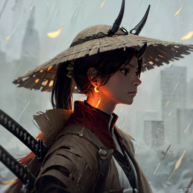 1girl, solo, long hair, blue eyes, black hair, hat, jewelry, closed mouth, upper body, ponytail, weapon, earrings, outdoors, horns, sword, from side, profile, glowing, looking away, katana, feathers, rain, brown headwear, weapon on back