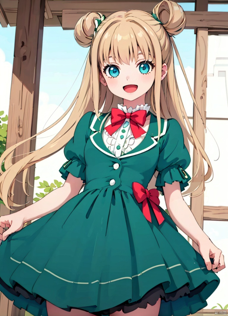 1girl, solo, long hair, looking at viewer, smile, open mouth, blue eyes, blonde hair, dress, bow, short sleeves, :d, hair bun, red bow, double bun, green dress