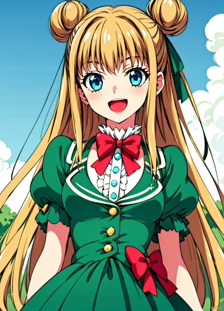 1girl, solo, long hair, looking at viewer, smile, open mouth, blue eyes, blonde hair, dress, bow, short sleeves, :d, hair bun, red bow, double bun, green dress