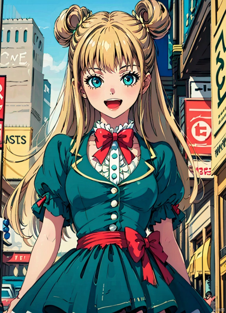 1girl, solo, long hair, looking at viewer, smile, open mouth, blue eyes, blonde hair, dress, bow, short sleeves, :d, hair bun, red bow, double bun, green dress