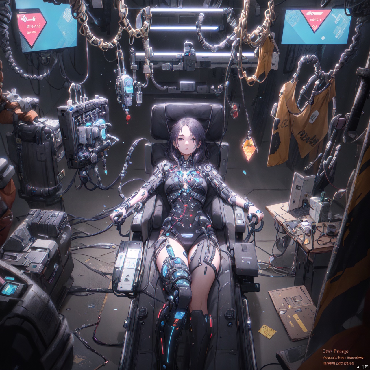 A cool girl on an operating table in the future, implanted with a prosthetic limb, surgery, future sci-fi, cyberpunk,girl with prosthetic leg, wire insertion