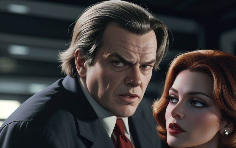A film noir movie scene (inspired by ReBoot (1994):1.3),  featuringjack nicholson and faye dunaway as a couple in a dynami...