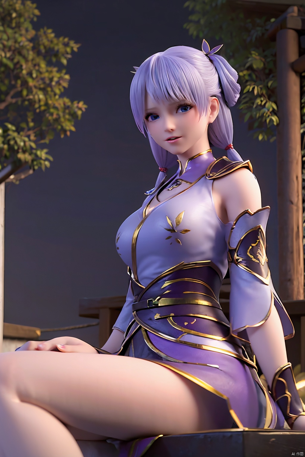 1girl,solo,long hair,looking at viewer,blue eyes,dress, bare shoulders,thighs,outdoors,detached sleeves,sky,water,tree,bare legs,night,night sky,
Purple hair


medium breasts,spread legs, sitting,The whole body,
Sit on the bed

Breasts and nipples exposed,Vagina exposed, sitting, , peeing,pee