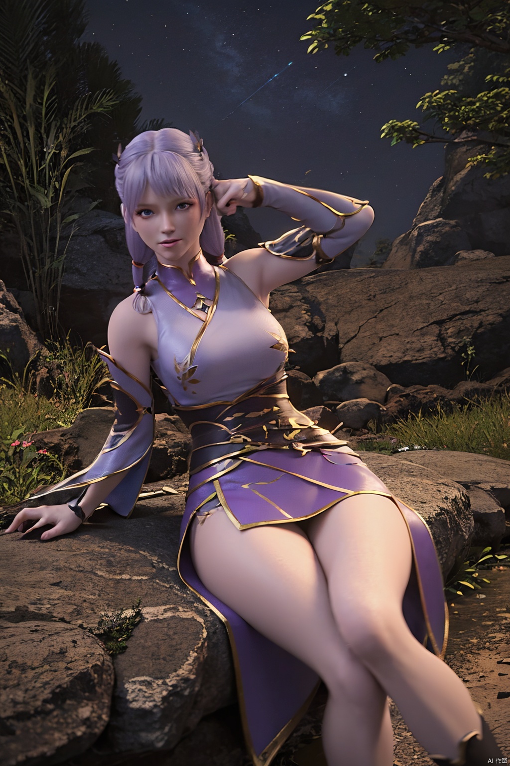 1girl,solo,long hair,looking at viewer,blue eyes,dress, bare shoulders,thighs,outdoors,detached sleeves,sky,water,tree,bare legs,night,night sky,
Purple hair


medium breasts,spread legs, sitting,The whole body,
Sit on the bed

Breasts and nipples exposed,Vagina exposed, sitting, , peeing,pee