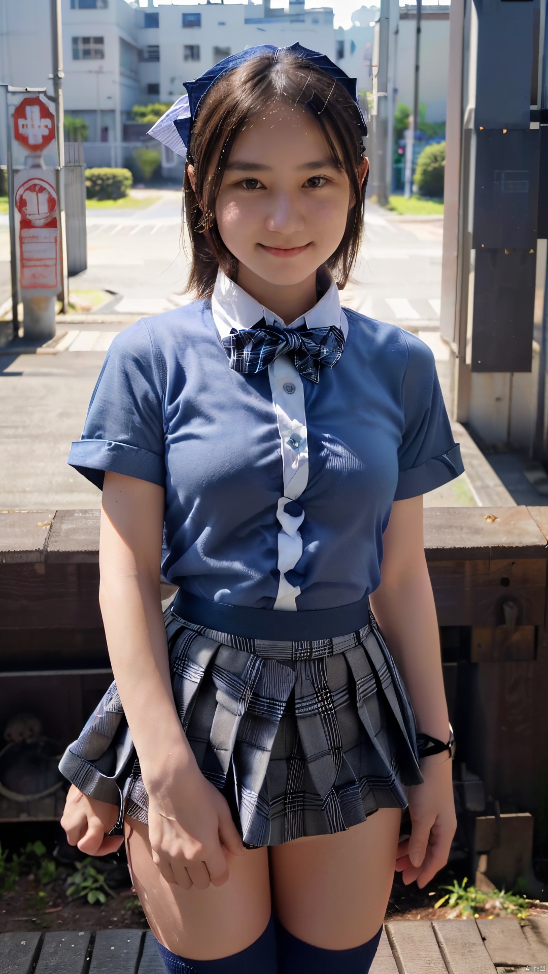 (Raw photography:1.5),(top-quality:1.5),17 years old,One girl,(Smiling),((Japan schoolgirl uniform、White short-sleeved shirt、a bow tie、Navy Blue Plaid Pleated Skirt、Dark blue high socks:1.2)),((hime-cut)),looking at the viewers、Facing the audience,realism, rinrada,outdoors
