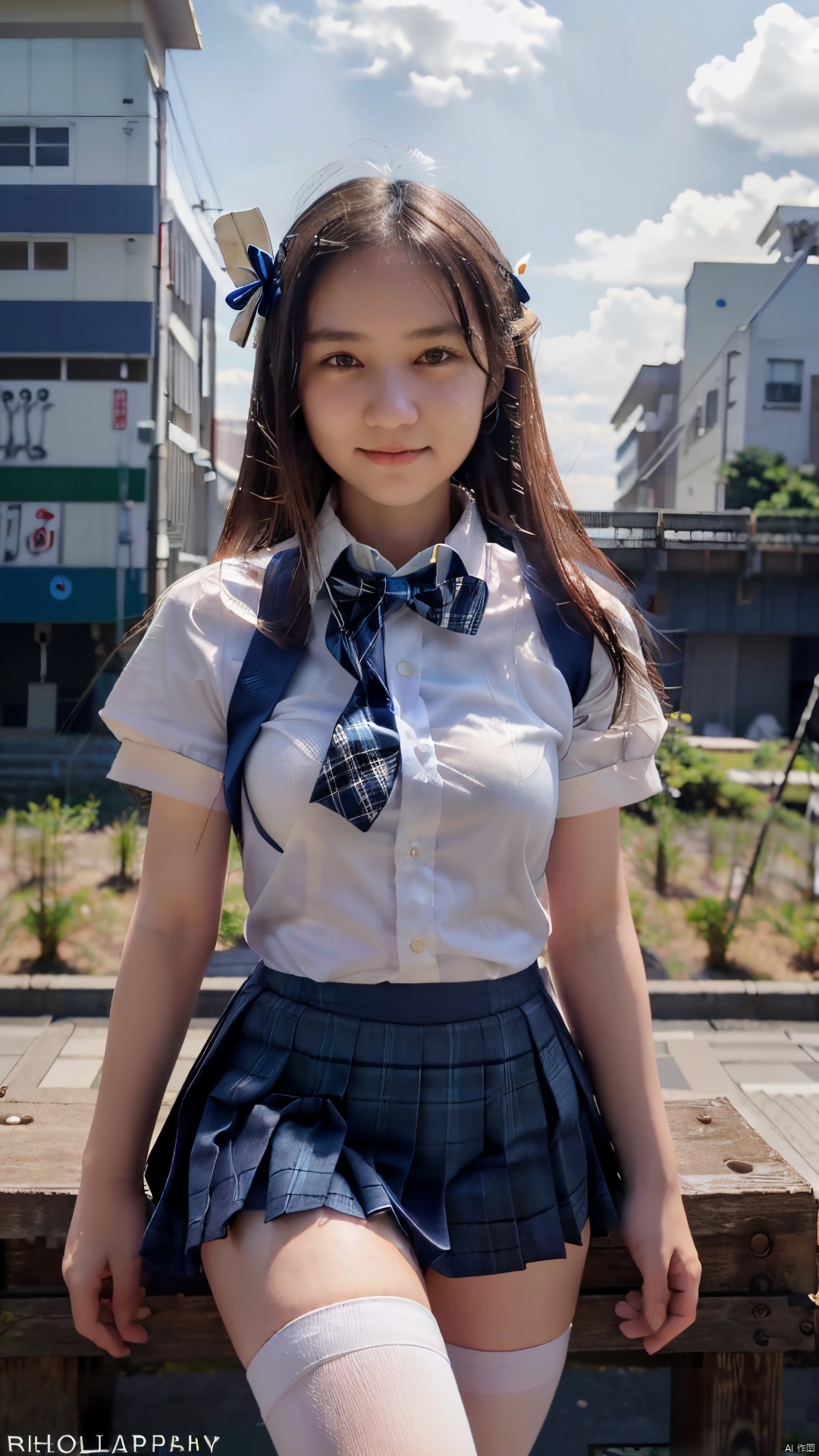 (Raw photography:1.5),(top-quality:1.5),17 years old,One girl,(Smiling),((Japan schoolgirl uniform、White short-sleeved shirt、a bow tie、Navy Blue Plaid Pleated Skirt、Dark blue high socks:1.2)),((hime-cut)),looking at the viewers、Facing the audience,realism, rinrada,outdoors