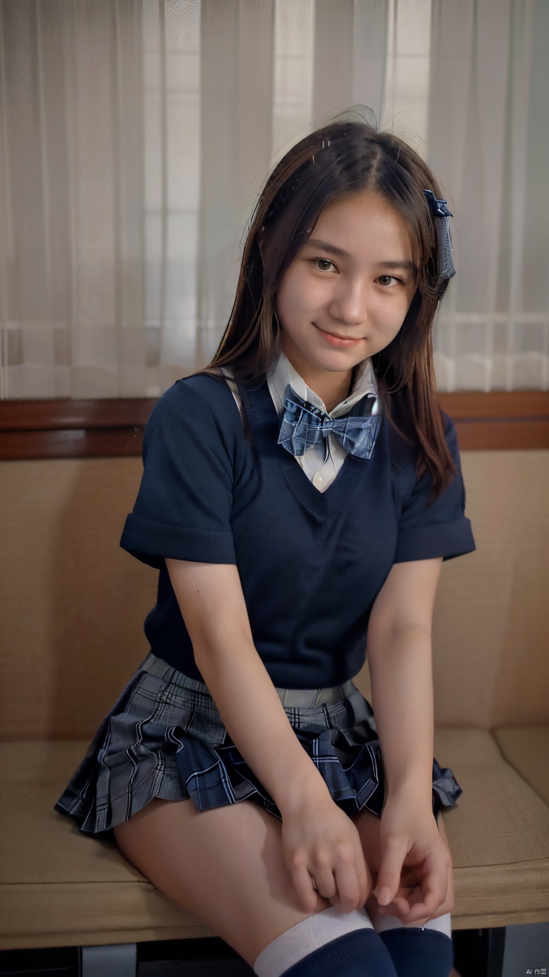 (Raw photography:1.5),(top-quality:1.5),17 years old,One girl,(Smiling),((Japan schoolgirl uniform、White short-sleeved shirt、a bow tie、Navy Blue Plaid Pleated Skirt、Dark blue high socks:1.2)),((hime-cut)),looking at the viewers、Facing the audience,realism, rinrada,young age