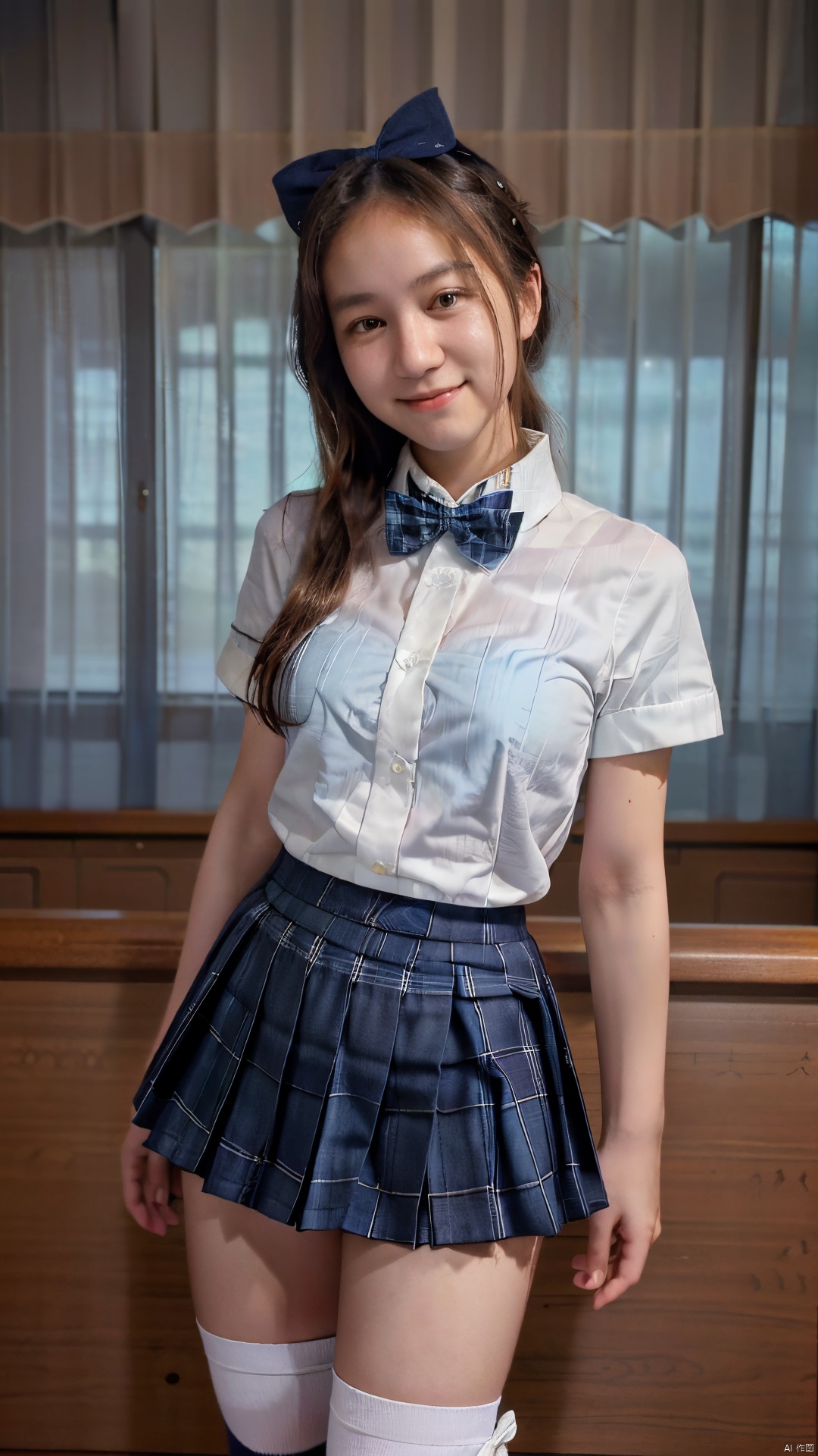 (Raw photography:1.5),(top-quality:1.5),17 years old,One girl,(Smiling),((Japan schoolgirl uniform、White short-sleeved shirt、a bow tie、Navy Blue Plaid Pleated Skirt、Dark blue high socks:1.2)),((hime-cut)),looking at the viewers、Facing the audience,realism, rinrada