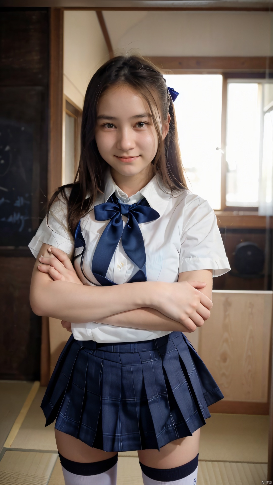 (Raw photography:1.5),(top-quality:1.5),17 years old,One girl,(Smiling),((Japan schoolgirl uniform、White short-sleeved shirt、a bow tie、Navy Blue Plaid Pleated Skirt、Dark blue high socks:1.2)),((hime-cut)),((Stand your arms and hands next to your body:1.2)),looking at the viewers、Facing the audience,realism, rinrada,young age