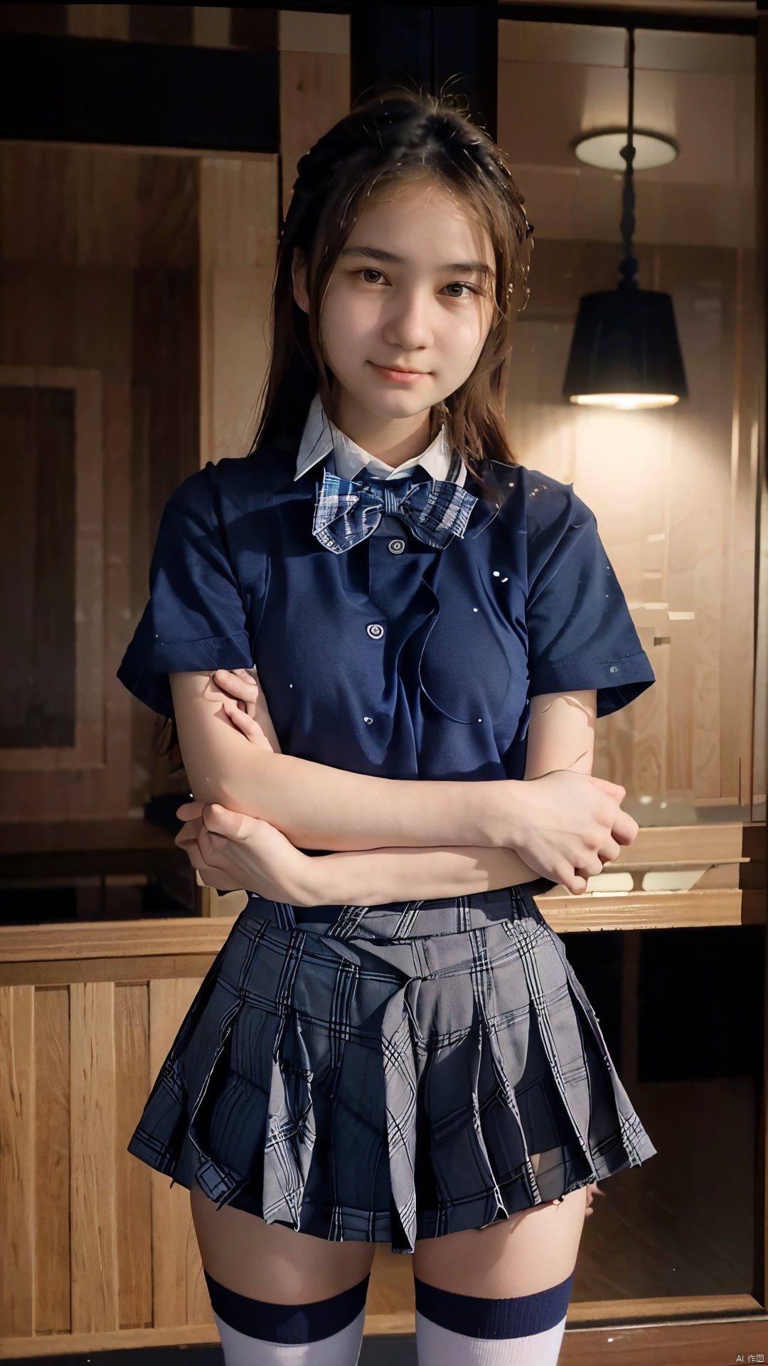 (Raw photography:1.5),(top-quality:1.5),17 years old,One girl,((Cowboy Shots:1.2)),Smiling)),((Japan schoolgirl uniform、White short-sleeved shirt、a bow tie、Navy Blue Plaid Pleated Skirt、Dark blue high socks:1.2)),((hime-cut)),((Stand your arms and hands next to your body:1.2)),looking at the viewers、Facing the audience,realism, rinrada,young age