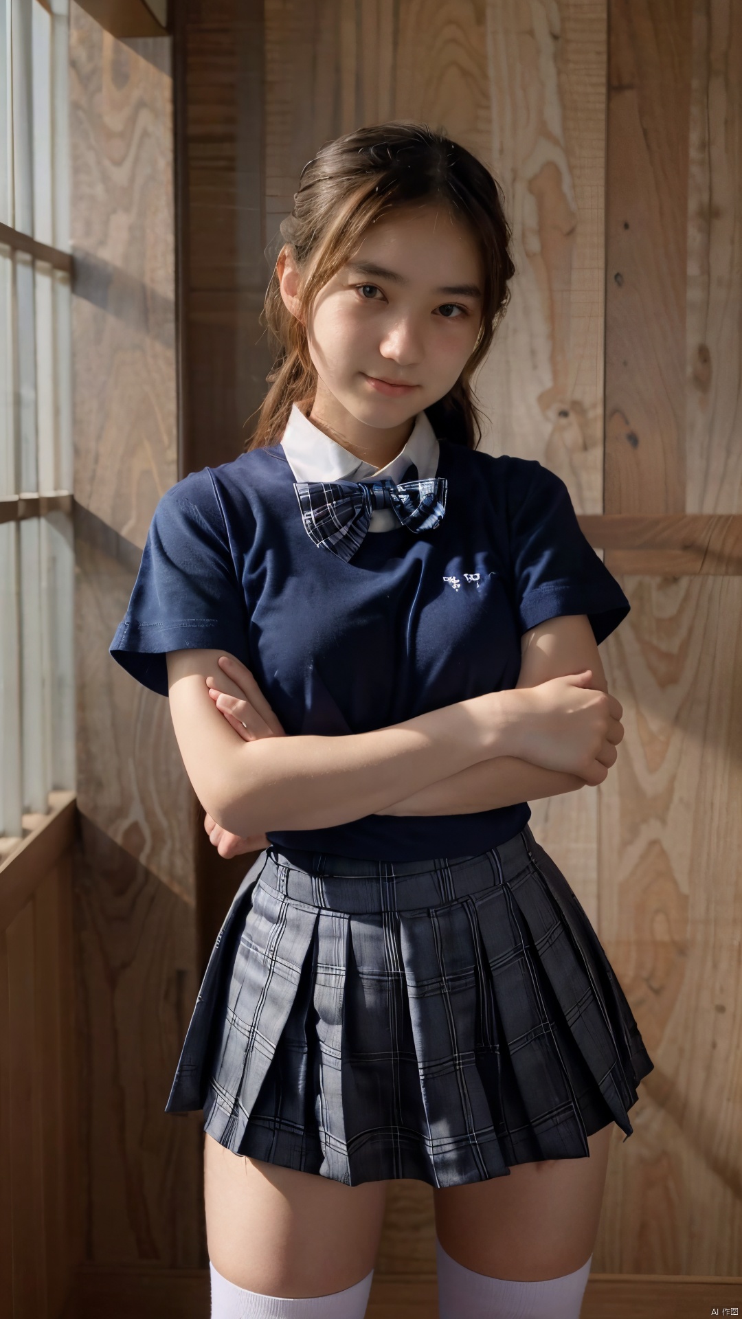 (Raw photography:1.5),(top-quality:1.5),17 years old,One girl,((Cowboy Shots:1.2)),Smiling)),((Japan schoolgirl uniform、White short-sleeved shirt、a bow tie、Navy Blue Plaid Pleated Skirt、Dark blue high socks:1.2)),((hime-cut)),((Stand your arms and hands next to your body:1.2)),looking at the viewers、Facing the audience,realism, rinrada,young age