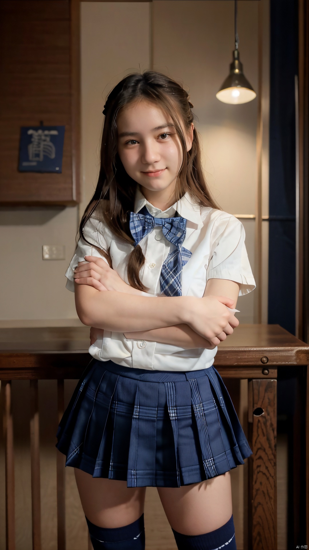 (Raw photography:1.5),(top-quality:1.5),17 years old,One girl,(Smiling),((Japan schoolgirl uniform、White short-sleeved shirt、a bow tie、Navy Blue Plaid Pleated Skirt、Dark blue high socks:1.2)),((hime-cut)),((Stand your arms and hands next to your body:1.2)),looking at the viewers、Facing the audience,realism, rinrada,young age