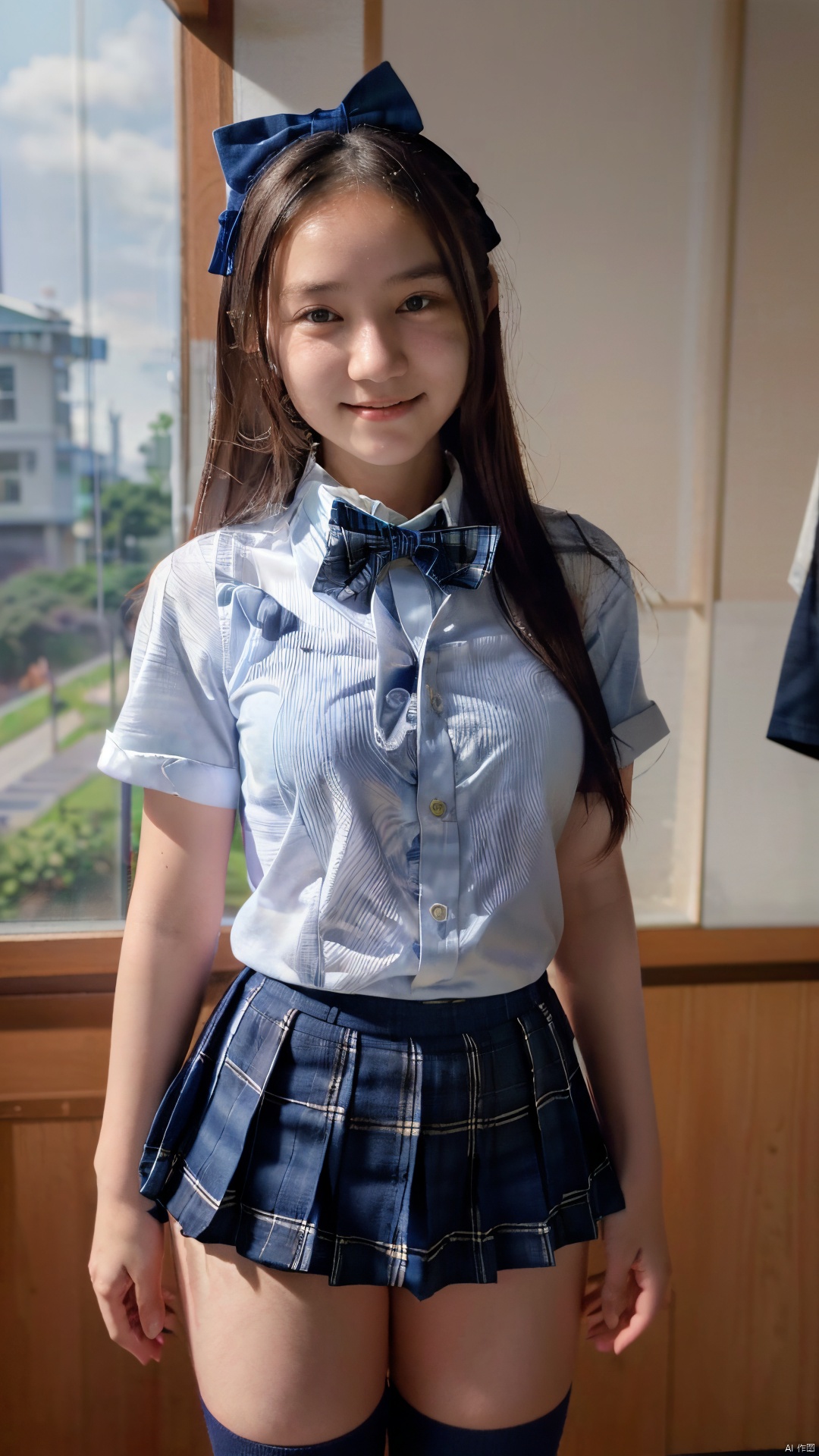(Raw photography:1.5),(top-quality:1.5),17 years old,One girl,(Smiling),((Japan schoolgirl uniform、White short-sleeved shirt、a bow tie、Navy Blue Plaid Pleated Skirt、Dark blue high socks:1.2)),((hime-cut)),looking at the viewers、Facing the audience,realism, rinrada,young age