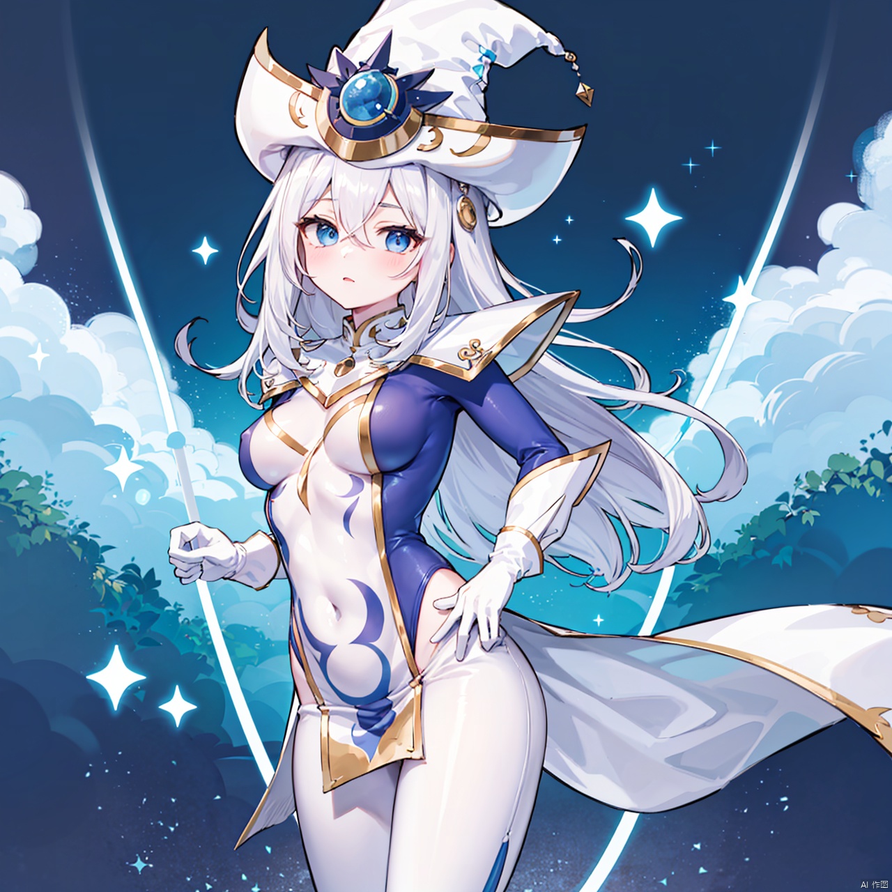 masterpiece, bestquality, Silent Magician, 1girl, solo, long hair, looking at viewer, blue eyes, hair between eyes, medium breasts, white hair, pants, white gloves, white headwear, impossible clothes, hip vent, wizard hat, stand,