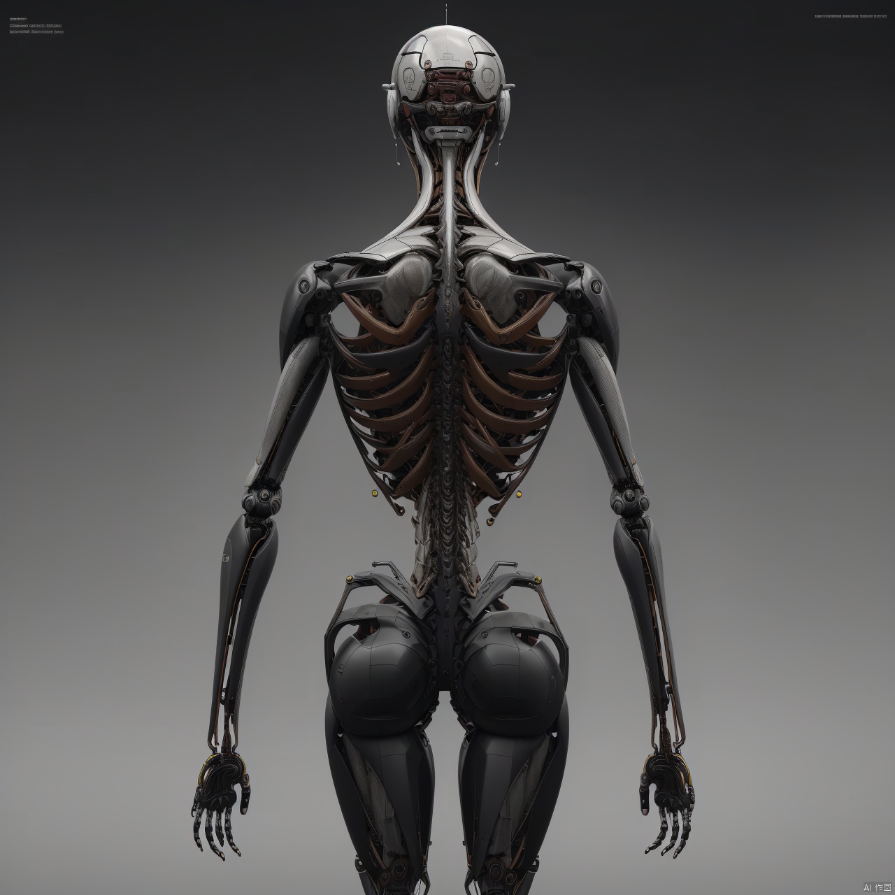 grey background, english text, no humans, watermark, robot, mecha, science fiction, realistic, skeleton, non-humanoid robot, spine