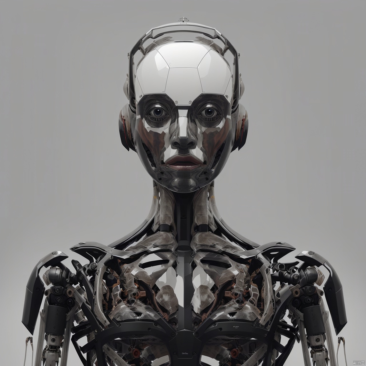  A  White robot, minimalist styling, industrial design, human-like, exoskeleton, transparent, grey background,, inhuman, robot, mecha, science fiction, realistic, non-human robots, A Robot