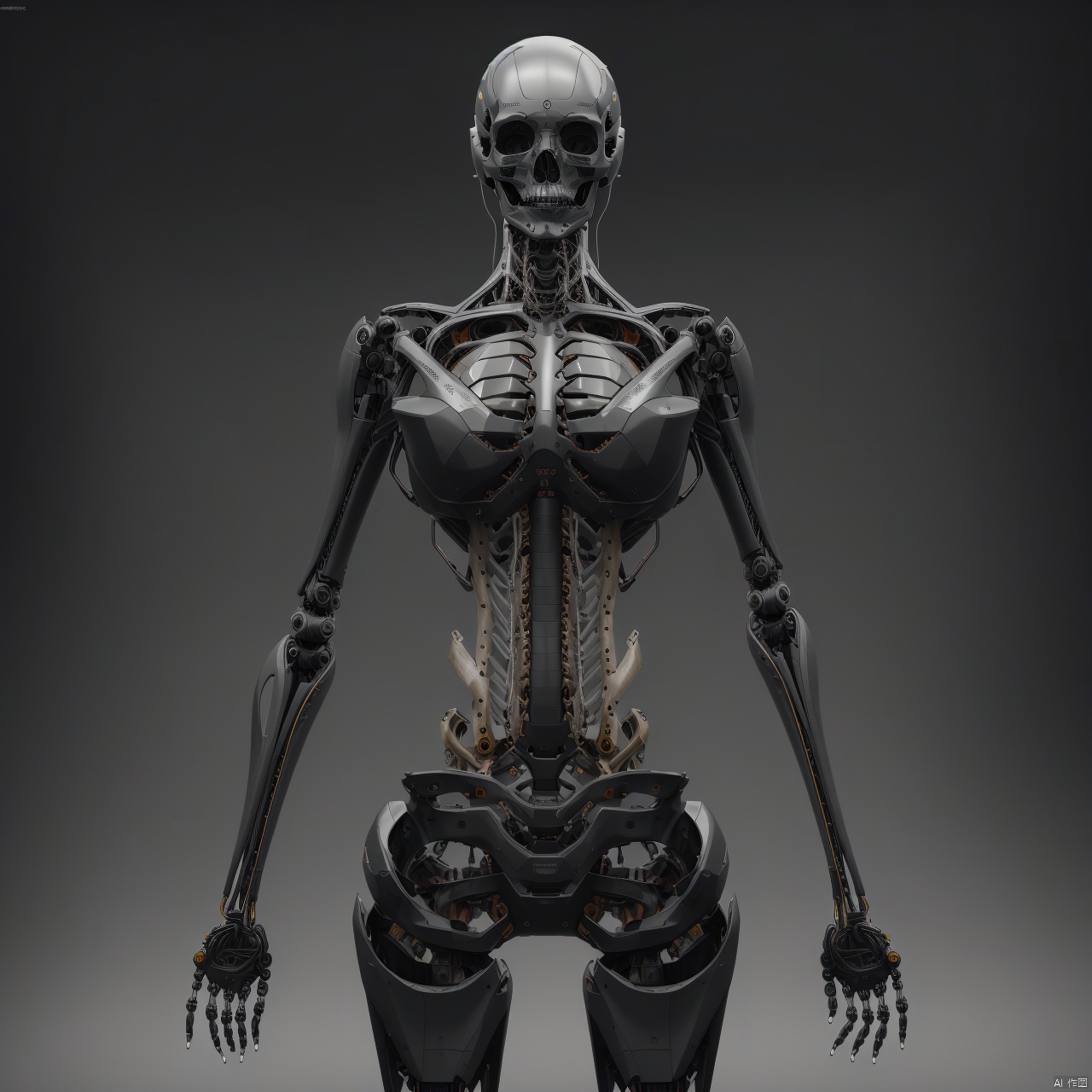  Front view of the robot,grey background, english text, no humans, watermark, robot, mecha, science fiction, realistic, skeleton, non-humanoid robot, spine