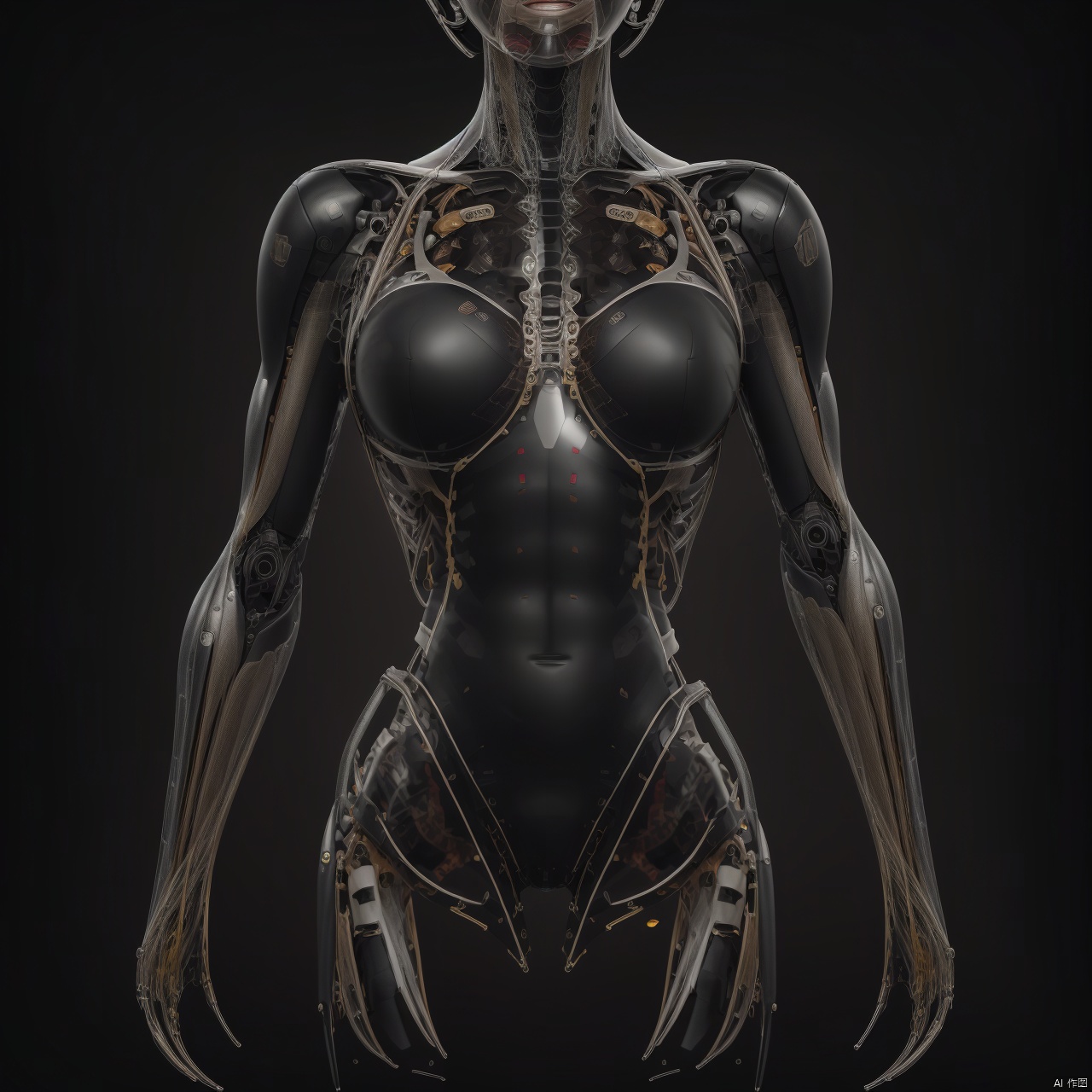 1girl, solo, breasts, looking at viewer, simple background, medium breasts, standing, black background, web address, science fiction, arms at sides, android, cyborg, robot joints, mechanical parts