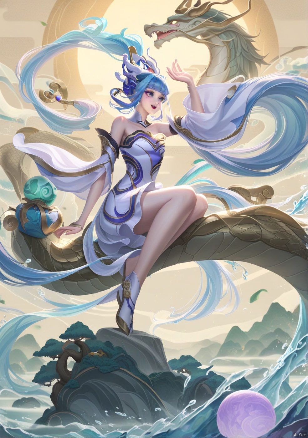 Game style,WANGZHE,1girl,long hair,sitting,water,blue hair,dress,solo,open mouth,purple eyes,detached sleeves,bare shoulders,hair ornament,dragon,floating hair,strapless dress,very long hair,white dress,bangs,hand up,wide sleeves,blue eyes,panorama,