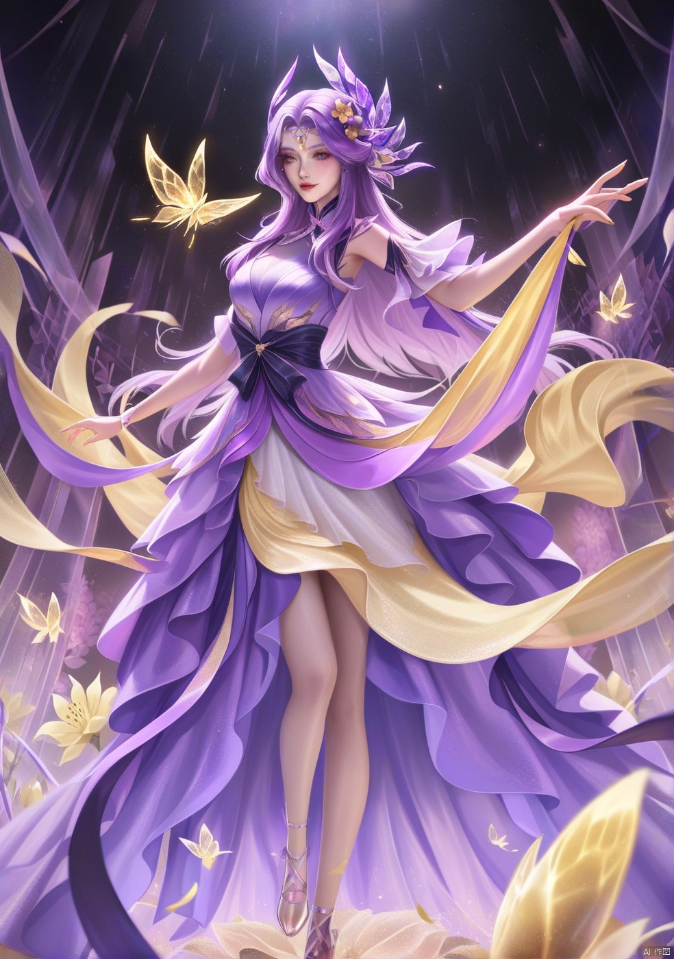 Game style,WANGZHE,1girl,long hair,solo,bug,flower,hair ornament,bare legs,dress,looking at viewer,purple hair,see-through,panorama,persona dancing,