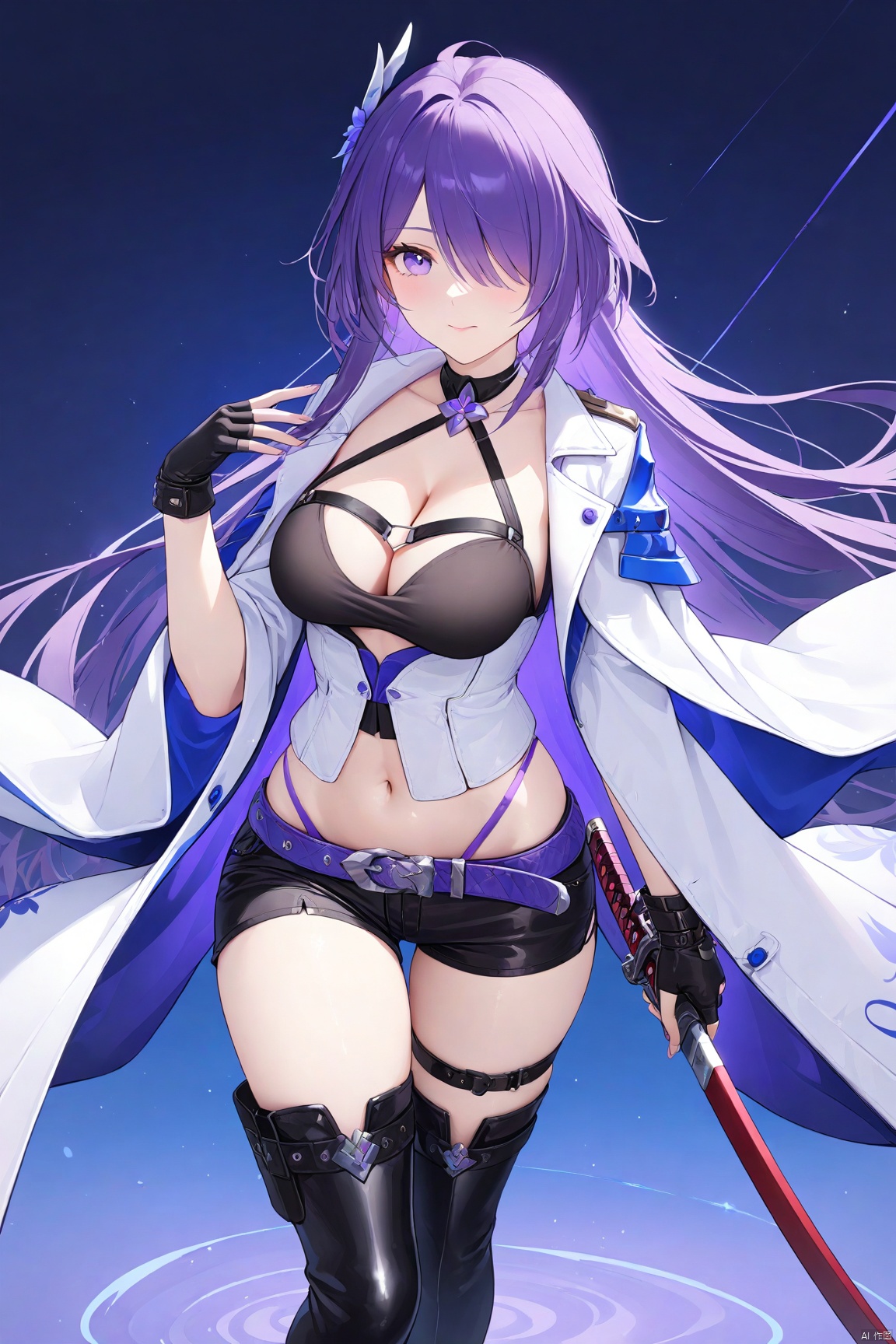  1girl,solo,(masterpiece:1.3),( beautiful:1.2),(high quality:1.2),(finely detailed:1.2),extremely detailed CG unity 8k wallpaper,best quality,a very delicate and beautiful,perfect fingers,(one cute girl at the center:1.2),

 long hair, breasts, bangs, thighhighs, gloves, navel, belt, cleavage, purple eyes, purple hair, boots, shorts, black gloves, midriff, sword, fingerless gloves, black footwear, hair over one eye, short shorts, thigh boots, black shorts, katana, single thighhigh, jewelry, coat, white jacket, raidenmei, archeronSR