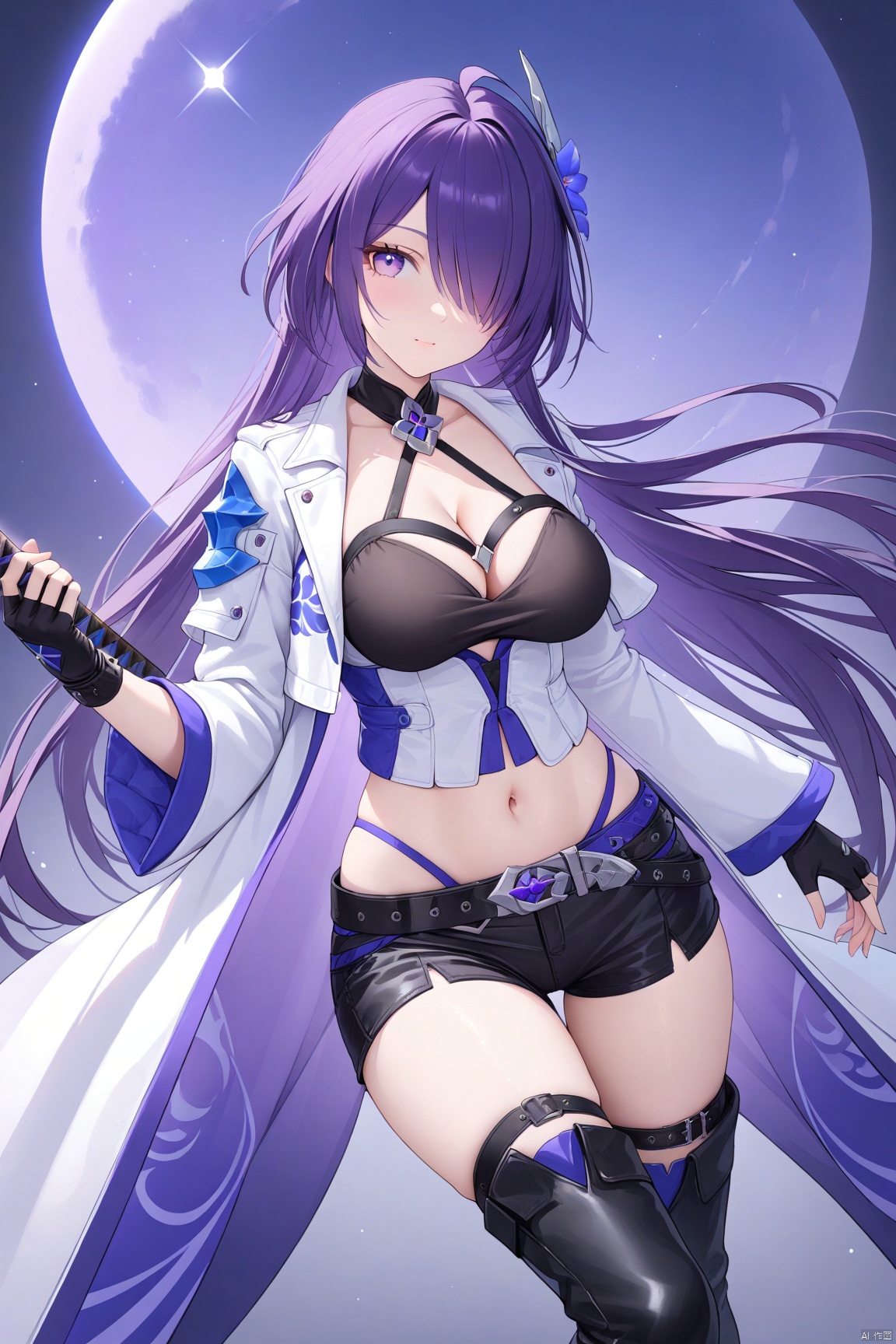  1girl,solo,(masterpiece:1.3),( beautiful:1.2),(high quality:1.2),(finely detailed:1.2),extremely detailed CG unity 8k wallpaper,best quality,a very delicate and beautiful,perfect fingers,(one cute girl at the center:1.2),

 long hair, breasts, bangs, thighhighs, gloves, navel, belt, cleavage, purple eyes, purple hair, boots, shorts, black gloves, midriff, sword, fingerless gloves, black footwear, hair over one eye, short shorts, thigh boots, black shorts, katana, single thighhigh, jewelry, coat, white jacket, raidenmei, archeronSR