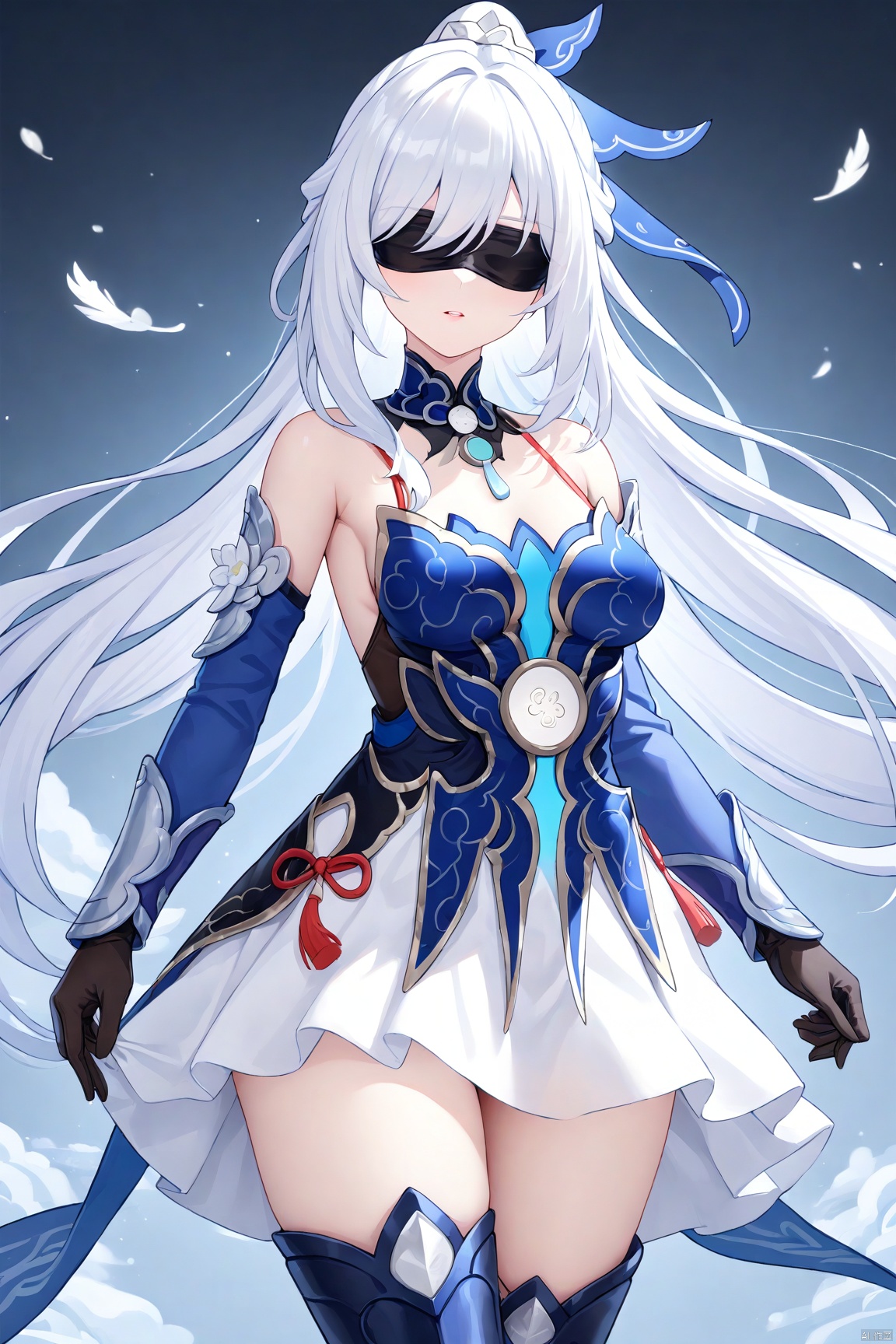  1girl,solo,(masterpiece:1.3),( beautiful:1.2),(high quality:1.2),(finely detailed:1.2),extremely detailed CG unity 8k wallpaper,best quality,a very delicate and beautiful,perfect fingers,(one cute girl at the center:1.2),

 long hair, breasts, bangs, gloves, long sleeves, dress, bare shoulders, very long hair,white hair, thighs, boots, parted lips, detached sleeves, black gloves, floating hair, short dress, white skirt, blindfold, thighhigh_boots,jingliuSR,cowboy_shot