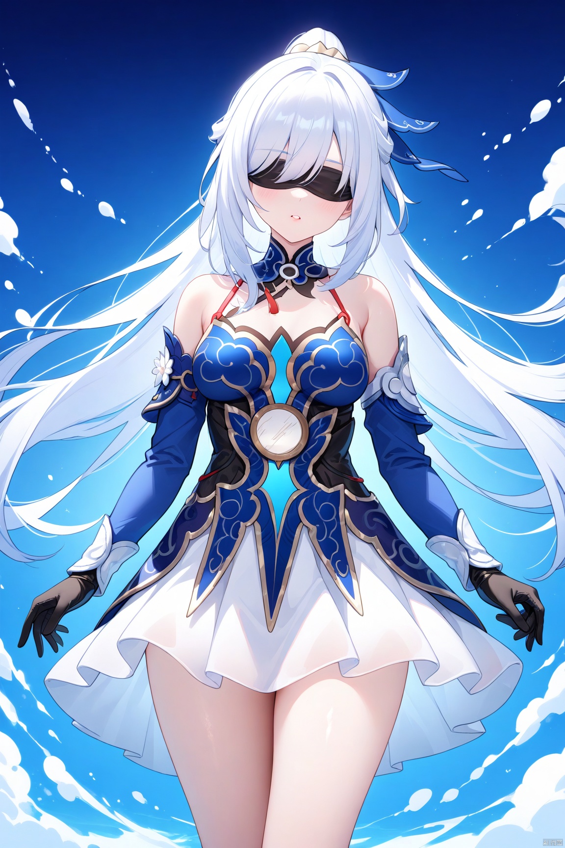  1girl,solo,(masterpiece:1.3),( beautiful:1.2),(high quality:1.2),(finely detailed:1.2),extremely detailed CG unity 8k wallpaper,best quality,a very delicate and beautiful,perfect fingers,(one cute girl at the center:1.2),

 long hair, breasts, bangs, gloves, long sleeves, dress, bare shoulders, very long hair,white hair, thighs, boots, parted lips, detached sleeves, black gloves, floating hair, short dress, white skirt, blindfold, jingliuSR,cowboy_shot