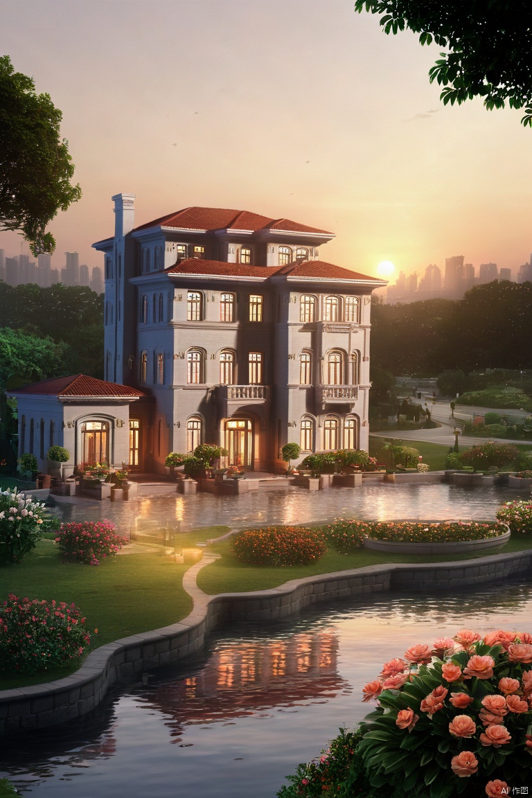  best quality, masterpiece, realistic, outdoors,
 ,house, ,window,Sunset,
water, ,tree,bush,cityscape,potted plant,flower, , ,nature,road

