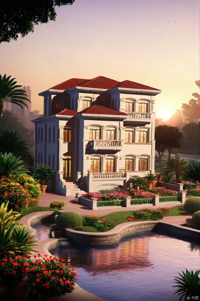  best quality, masterpiece, realistic, outdoors,
 ,house, ,window,Sunset,
water, ,tree,bush,cityscape,potted plant,flower, , ,nature,road

