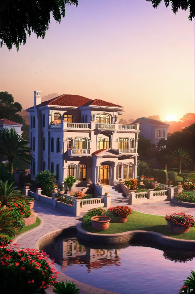  best quality, masterpiece, realistic, outdoors,
 ,house, ,window,Sunset,
water, ,tree,bush,cityscape,potted plant,flower, , ,nature,road

