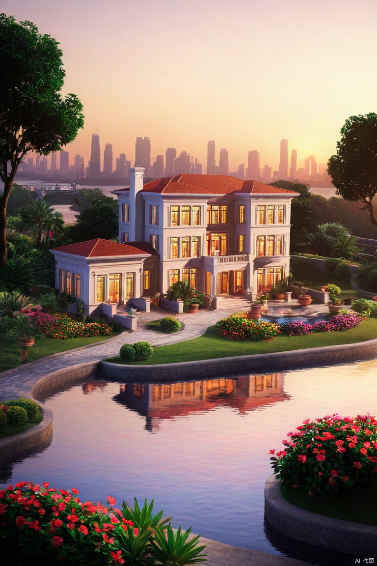 best quality, masterpiece, realistic, outdoors,
 ,house, ,window,Sunset,
water, ,tree,bush,cityscape,potted plant,flower, , ,nature,road

