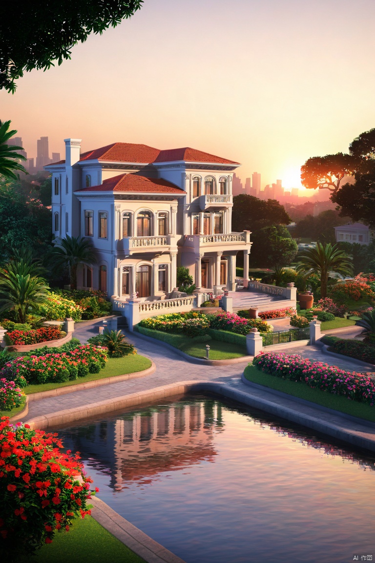  best quality, masterpiece, realistic, outdoors,
 ,house, ,window,Sunset,
water, ,tree,bush,cityscape,potted plant,flower, , ,nature,road

