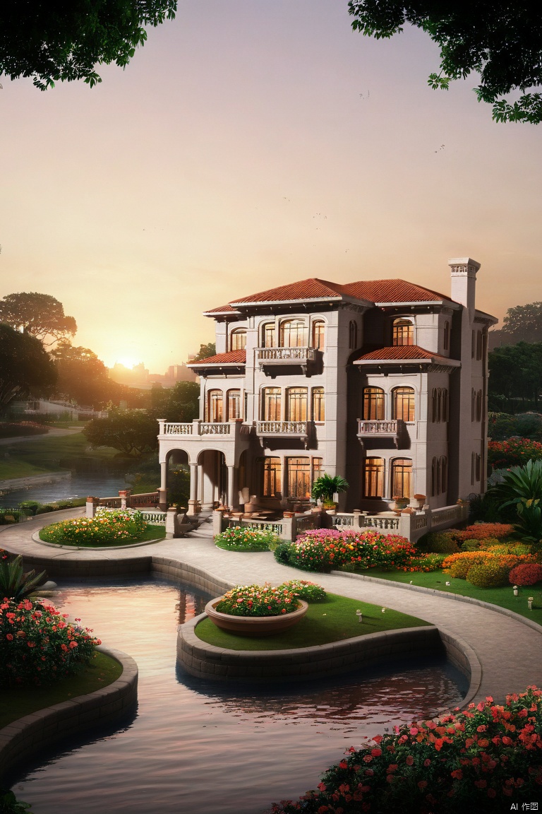  best quality, masterpiece, realistic, outdoors,
 ,house, ,window,Sunset,
water, ,tree,bush,cityscape,potted plant,flower, , ,nature,road

