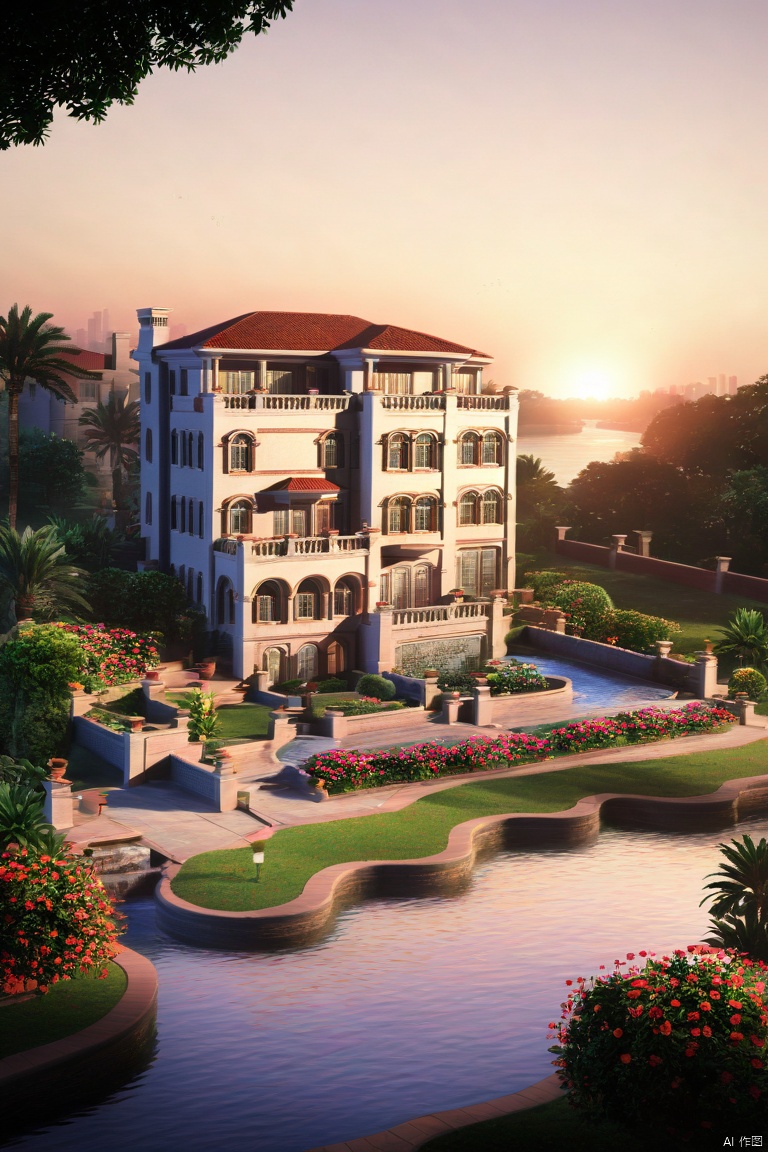  best quality, masterpiece, realistic, outdoors,
 ,house, ,window,Sunset,
water, ,tree,bush,cityscape,potted plant,flower, , ,nature,road

