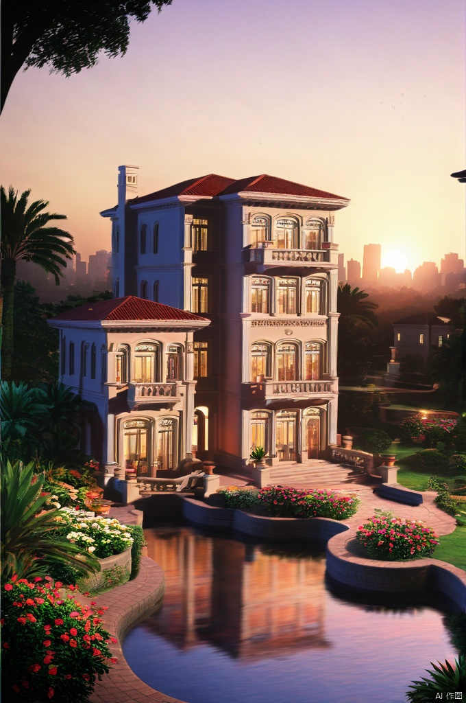  best quality, masterpiece, realistic, outdoors,
 ,house, ,window,Sunset,
water, ,tree,bush,cityscape,potted plant,flower, , ,nature,road

