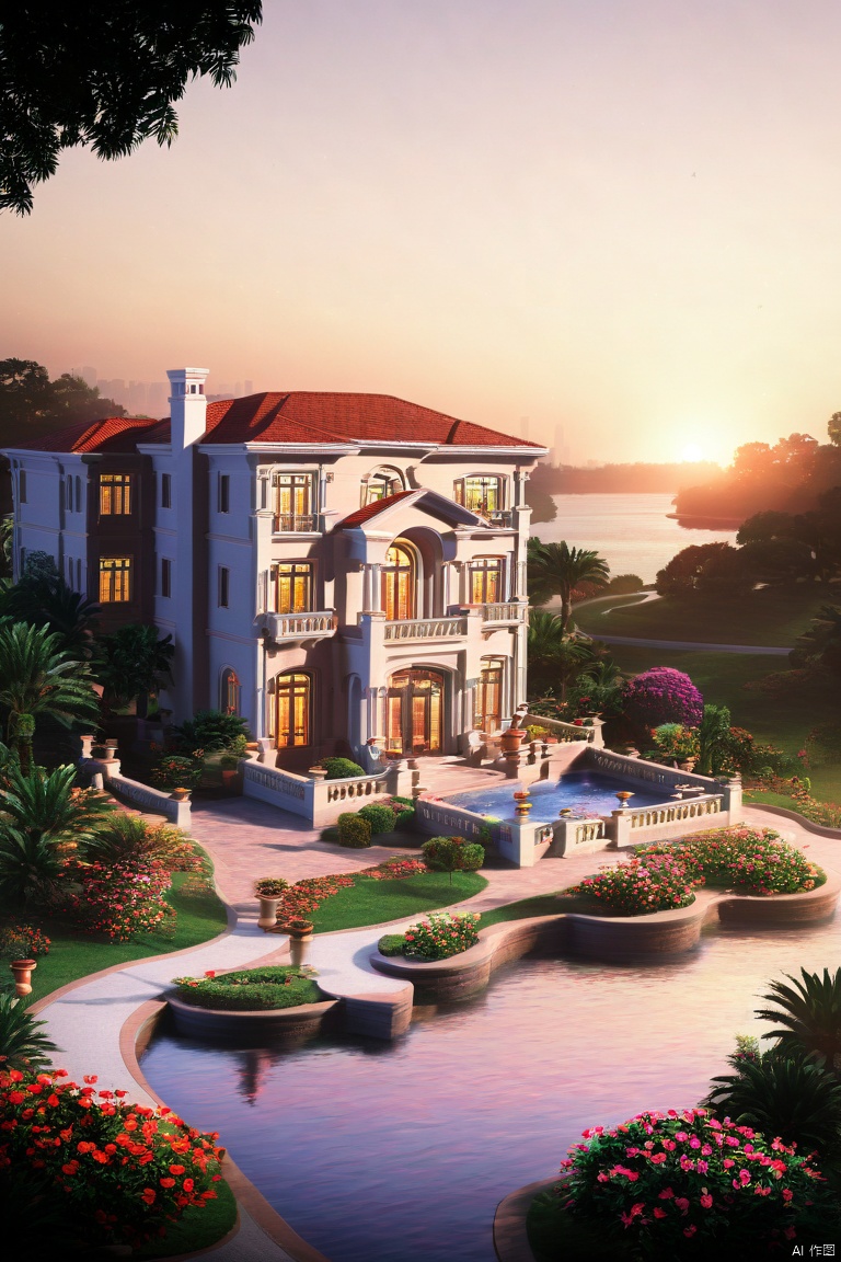 best quality, masterpiece, realistic, outdoors,
 ,house, ,window,Sunset,
water, ,tree,bush,cityscape,potted plant,flower, , ,nature,road

