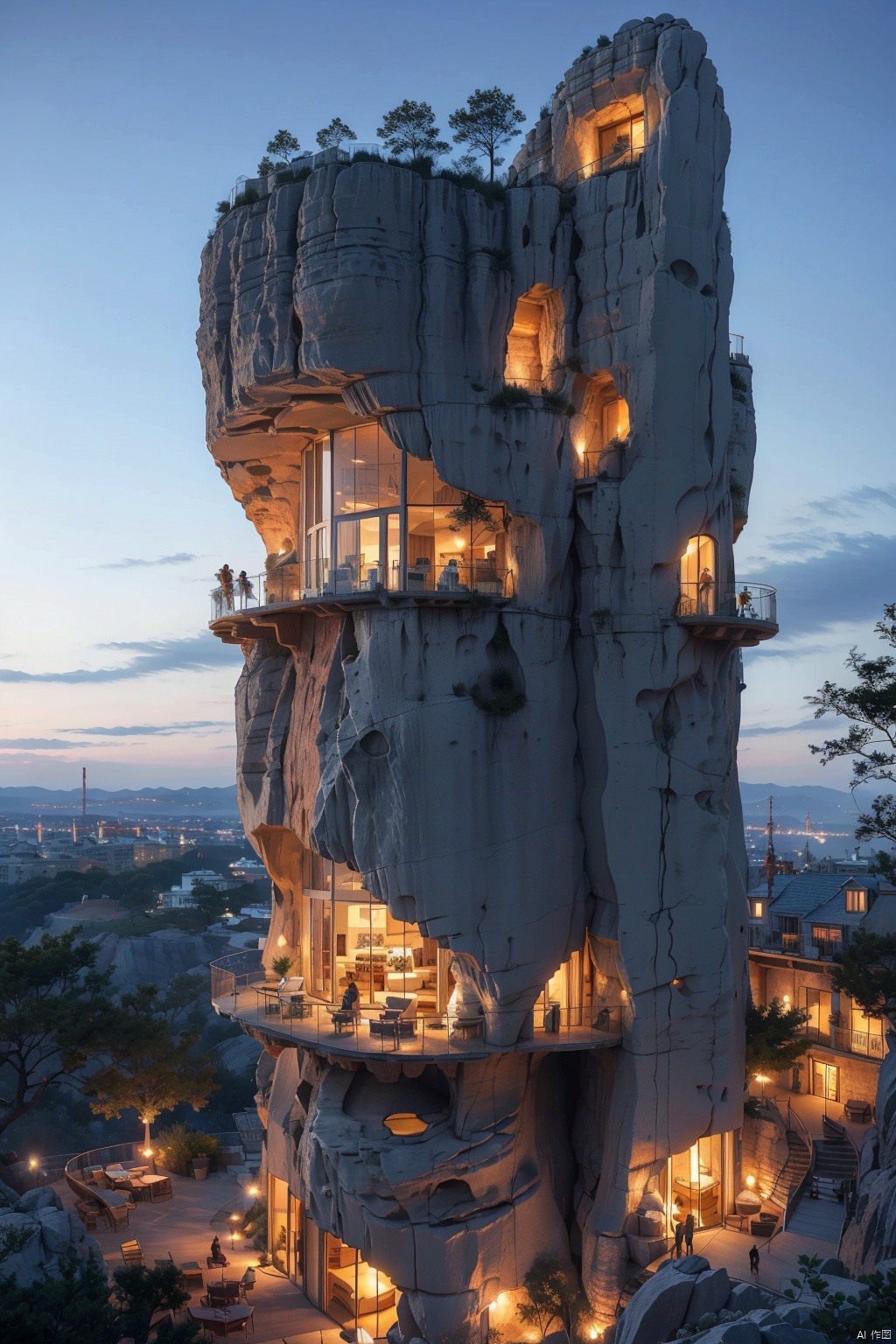 Architectural rendering, architectural design, Rock architecture, Rock buildings, sky, day, tree, blue sky, no humans, scenery, building, lighting, balcony, French window, room, city
