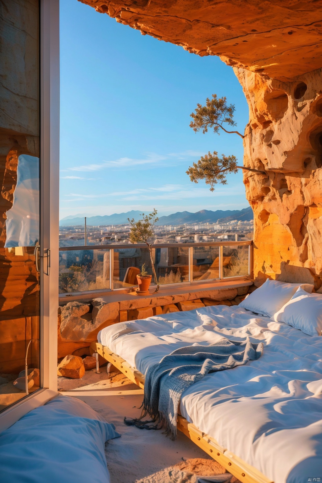  Architectural rendering, architectural design, Rock architecture, Rock buildings, sky, day, tree, blue sky, no humans, scenery, building, lighting, balcony, French window, room, city