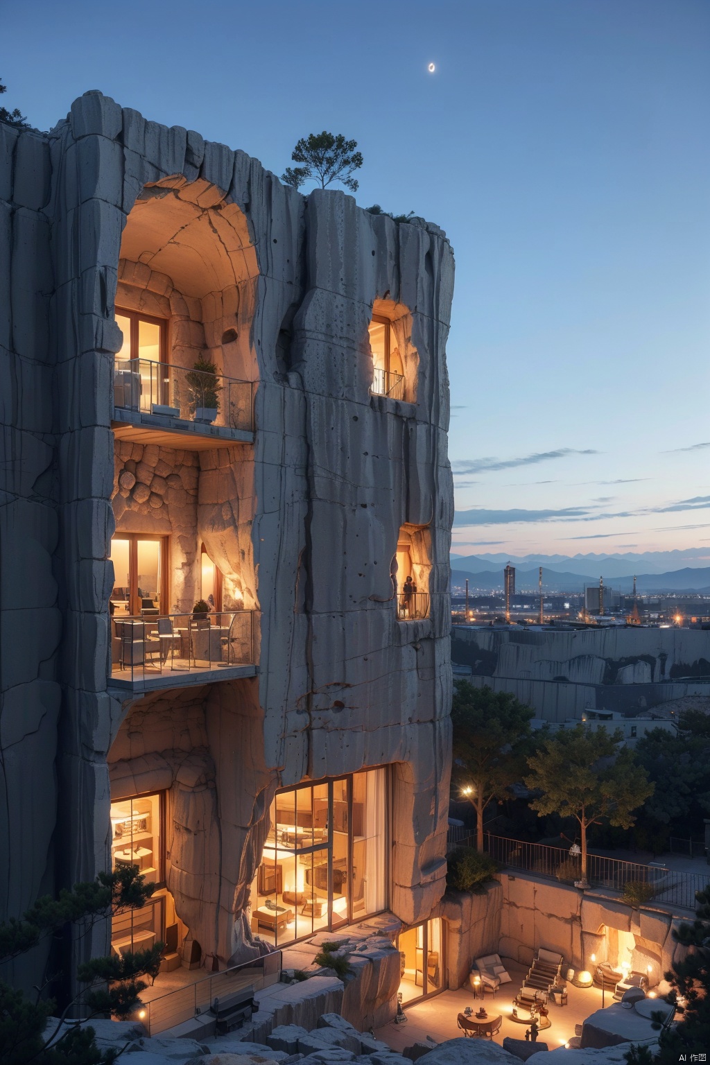 Architectural rendering, architectural design, Rock architecture, Rock buildings, sky, day, tree, blue sky, no humans, scenery, building, lighting, balcony, French window, room, city