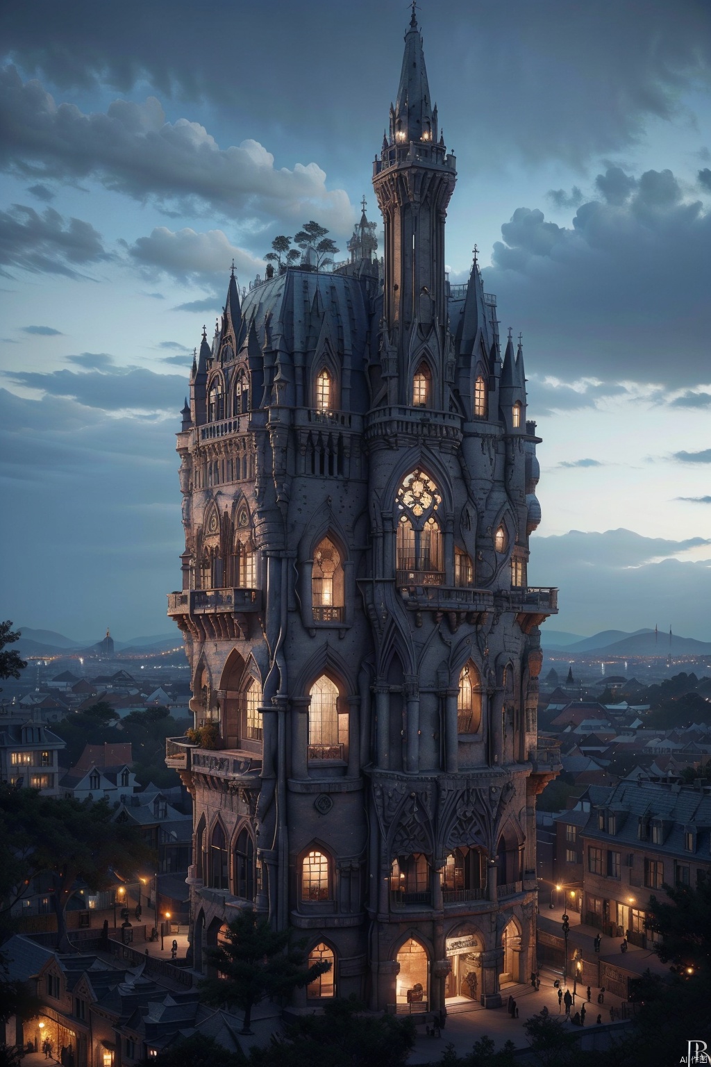  Architectural rendering, architectural design, Rock architecture, Rock buildings, sky, day, tree, blue sky, no humans, scenery, building, lighting, balcony, French window, room, city, Installation Art, gothichorrorai