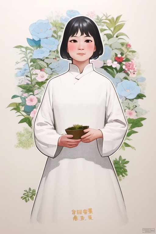 nianhua,1girl,solo,shot hair,black hair,hair ornament,long sleeves,dress,holding,closed mouth,flower,hair flower,wide sleeves ,white dress,traditional media,chinese clotheshanfu, jijianchahua