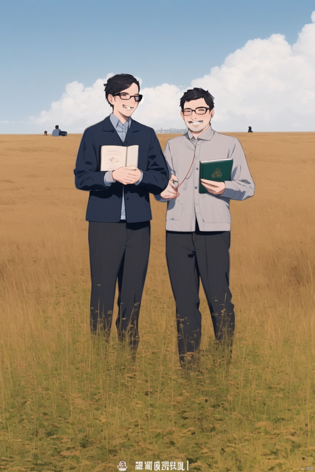  nianhua,smile,1girls,shirt,womens,girlsblack hair,dress,jacket,1boys,glasses,book,facial hair,headphones,grass,,nianhua,jijianchahua